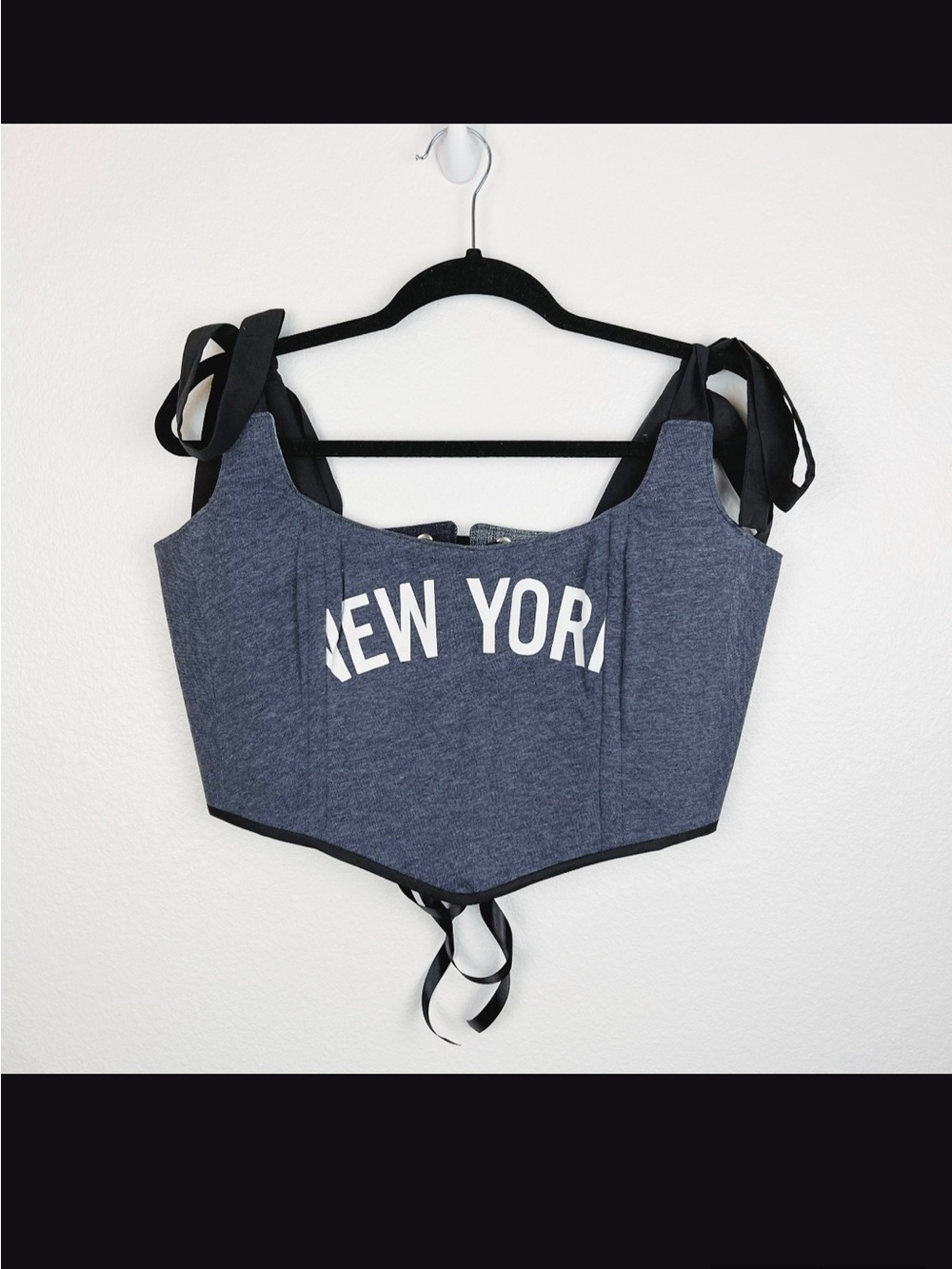 Handmade Grey New York Reworked Corset Top Black Ribbon Ties OOAK